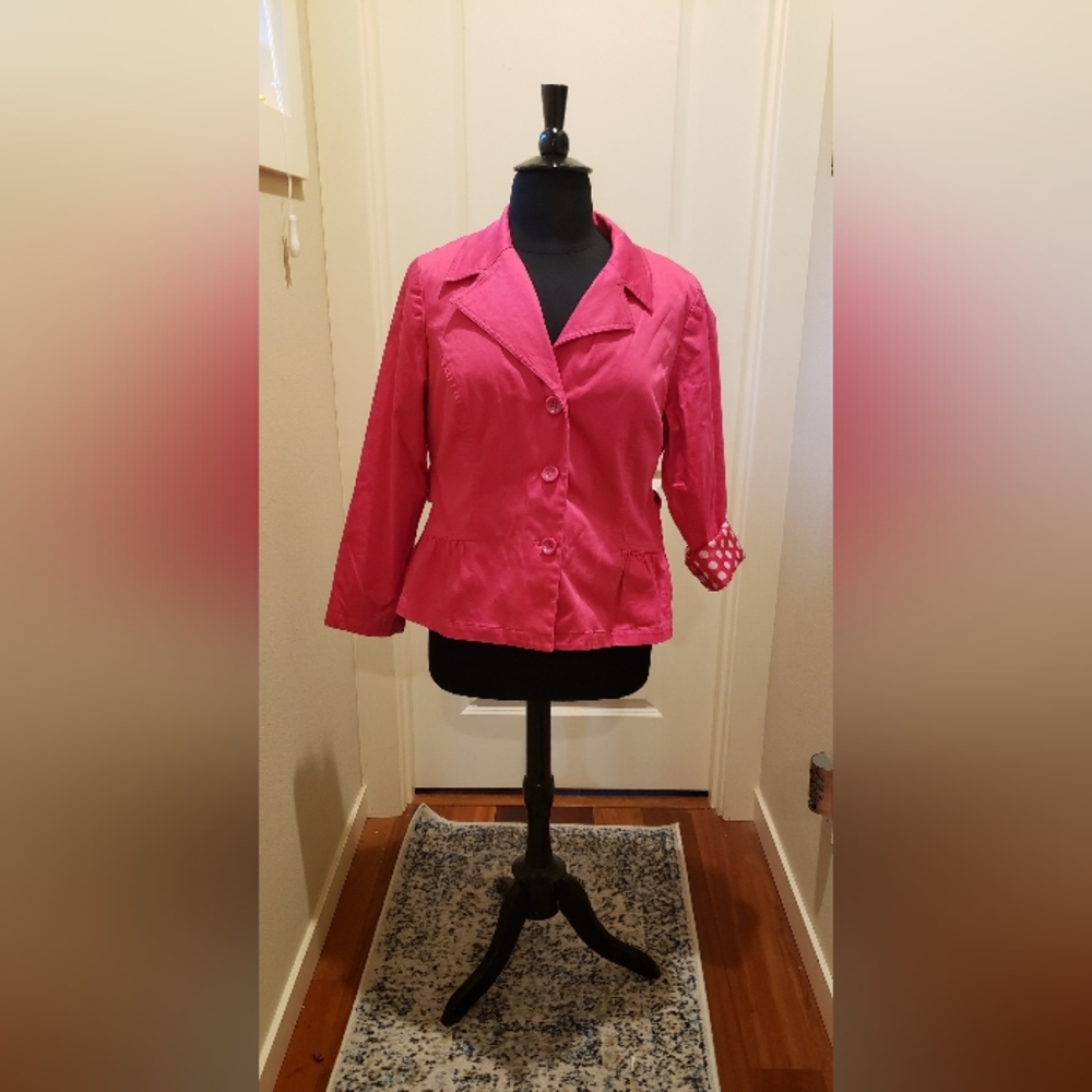Sara Campbell Womens Peplum Pink Blazer with Polka Dot Lining